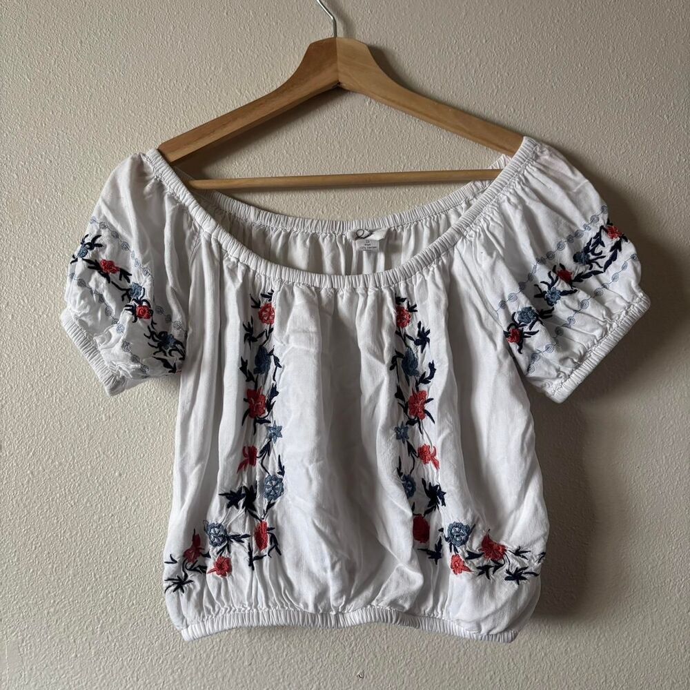 Japna White Cotton Floral Embroidered Puff Sleeve Blouse Size Small
